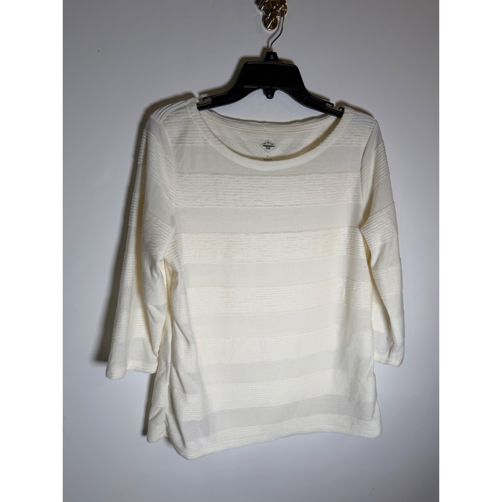 St. Johns Bay Cream White Textured Stripe 3/4 Sleeve Boat Neck Top Large